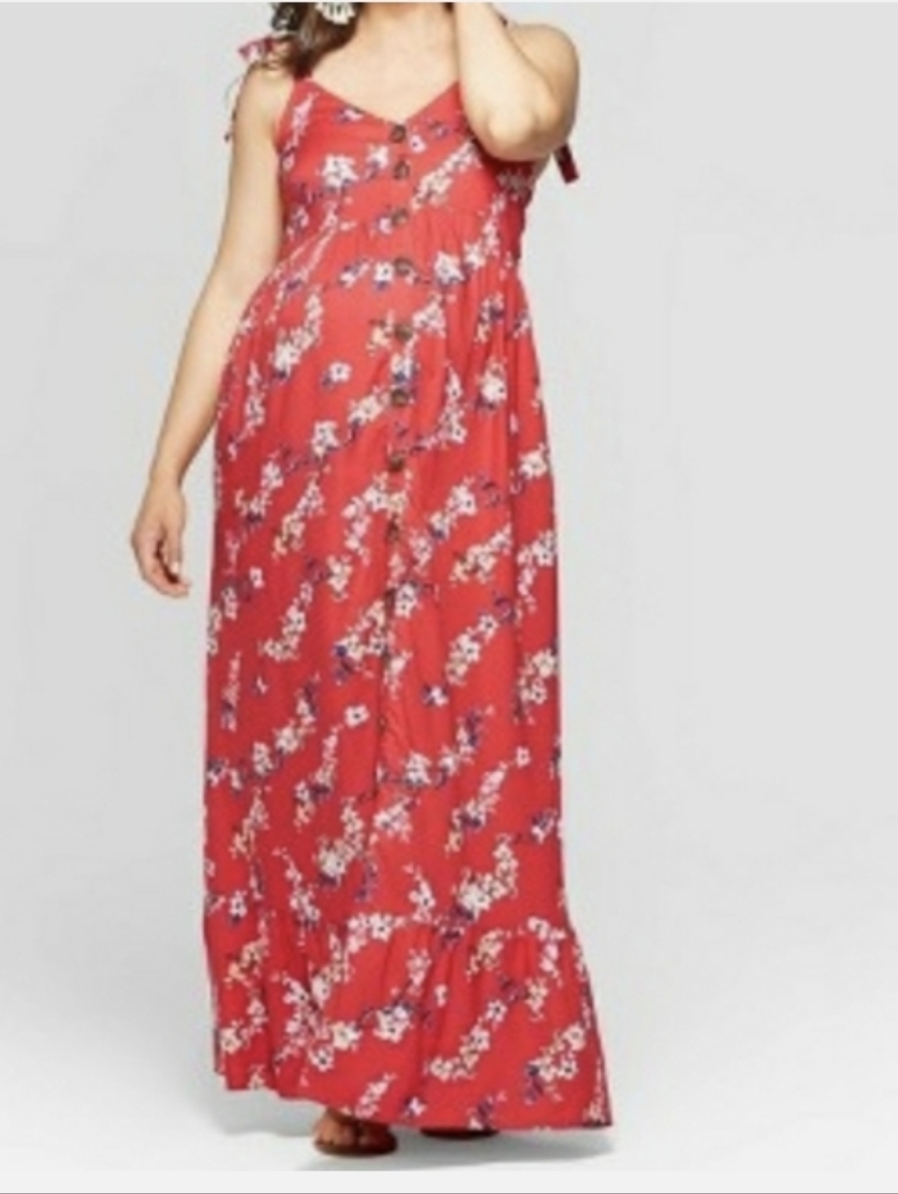 Isabel Maternity Red Floral Maxi Dress with Tie Straps..SIZE-XL